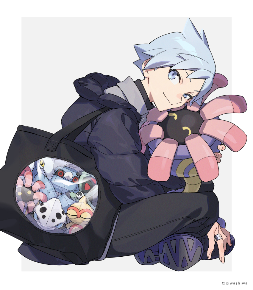1boy aged_down anorith baltoy black_bag black_pants coat commentary_request gen_2_pokemon gen_3_pokemon grey_eyes grey_hair head_down highres holding holding_pokemon jewelry lairon lileep looking_at_viewer male_focus metang nintendo pants pokemon pokemon_(creature) pokemon_rse ring shoes sitting skarmory smile steven_stone xia_(ryugo)