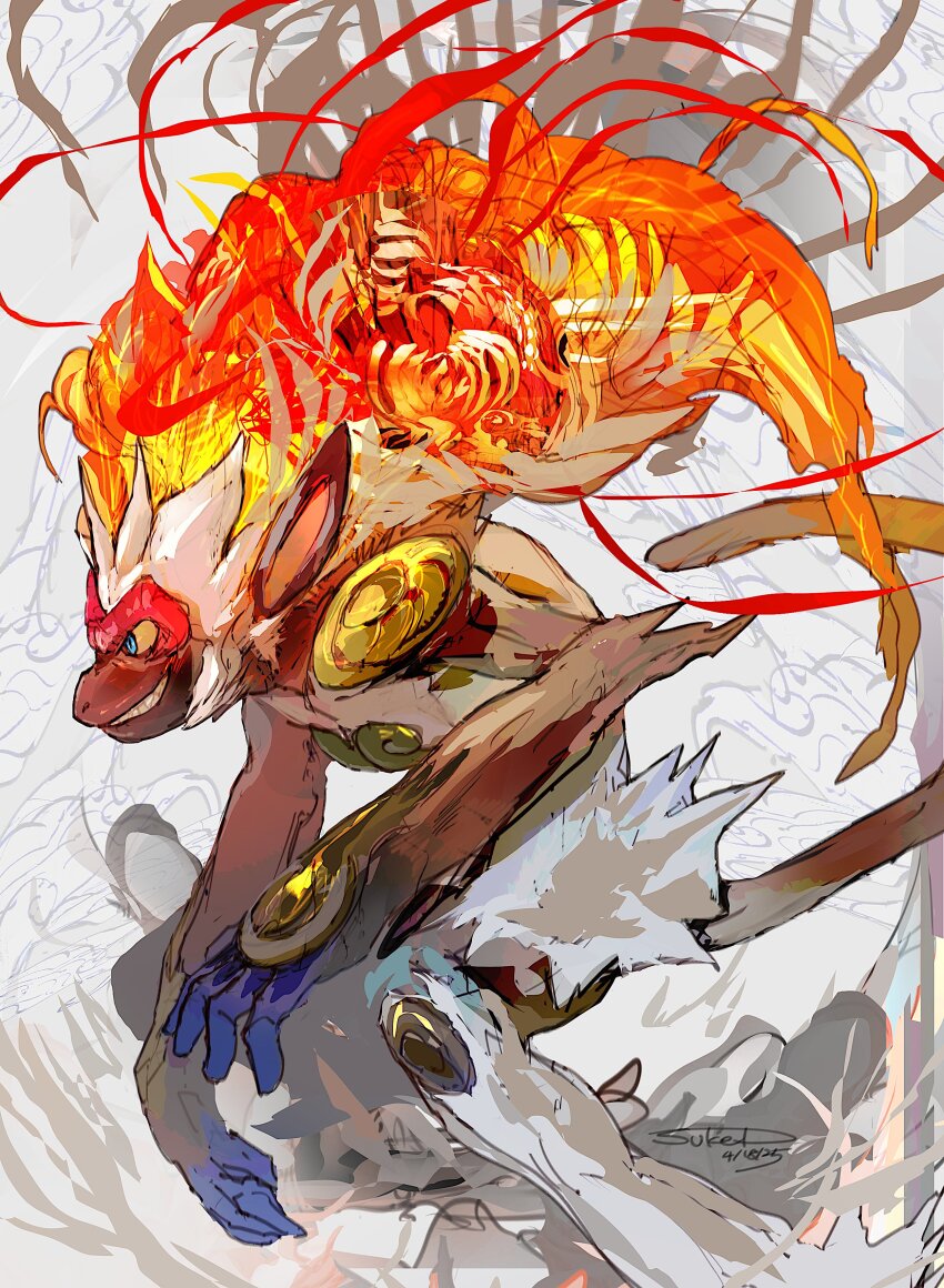 absurdres animal_focus blue_eyes body_fur brown_fur colored_sclera commentary_request dated fiery_hair fire from_side gen_4_pokemon highres infernape monkey nintendo no_humans parted_lips pokemon pokemon_(creature) pokemon_focus signature solo sukepmonster tail teeth white_fur yellow_sclera