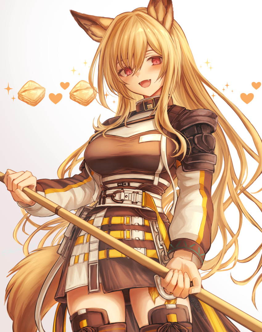 1girl 3_(sanyako1) animal_ears arknights baklava belt brown_hair ceobe_(arknights) cowboy_shot dog_ears dog_girl dog_tail fang heart highres holding holding_staff long_hair multiple_belts open_mouth red_eyes smile sparkle staff tail white_background