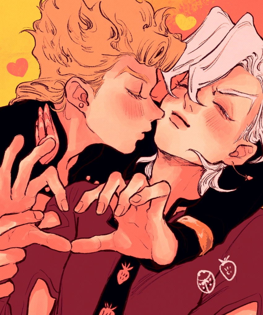 2boys arm_around_back black_jacket black_necktie blonde_hair blush bug clothing_cutout colored_eyelashes earrings food-themed_earrings food_themed_earrings giorno_giovanna head_back heart heart_hands highres imminent_kiss insect jacket jewelry jojo_no_kimyou_na_bouken kiss kissing_cheek ladybug male_focus multiple_boys necktie okokoro_zaiku pannacotta_fugo red_shirt shirt strawberry_earrings two-tone_background vento_aureo victory_rolls white_hair yaoi