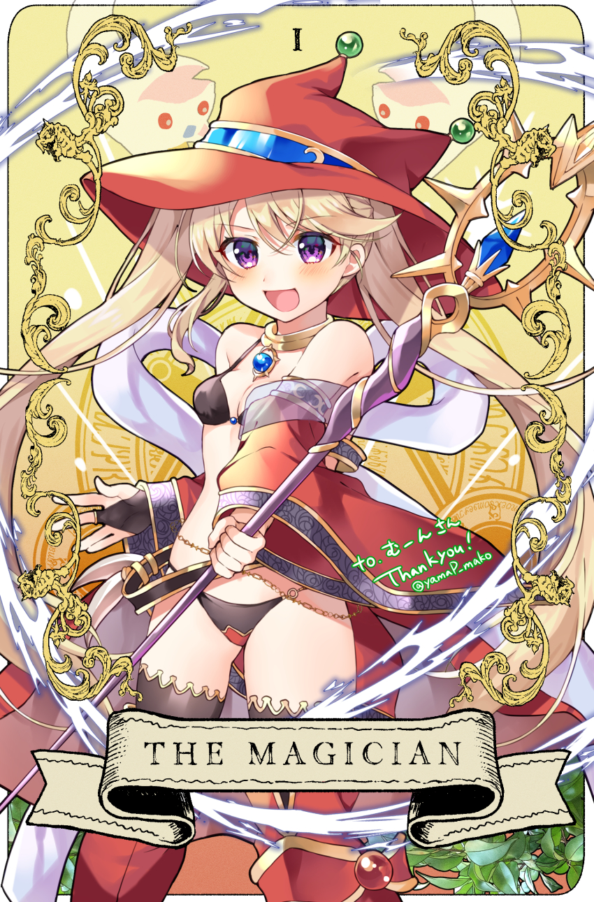 1girl :d absurdres bare_shoulders bikini black_bikini black_thighhighs blonde_hair blush boots breasts bridal_gauntlets cleavage commentary_request commission commissioner_name detached_sleeves hair_between_eyes hat highres holding holding_staff iris_mysteria! knee_boots ladis_(iris_mysteria!) long_hair long_sleeves looking_at_viewer medium_breasts open_mouth purple_eyes red_boots red_hat skeb_commission smile solo staff swimsuit tarot thank_you the_magician_(tarot) thighhighs twintails twitter_username very_long_hair wide_sleeves yam_(yamap_mako)