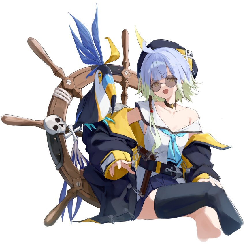1girl ahoge animal_on_arm barbaros_(shadowverse) bare_shoulders bird bird_on_arm black-framed_eyewear black_choker black_hat blue_hair blue_skirt breasts choker crossed_legs dungeon glasses hair_ornament hat highres jacket looking_at_viewer miniskirt multicolored_hair off-shoulder_shirt off_shoulder official_art open_clothes open_jacket open_mouth pirate pleated_skirt round_eyewear sailor_collar sailor_shirt shadowverse ship&#039;s_wheel shiro_wa_(shiroshironix) shirt short_hair simple_background sitting skirt skull_hair_ornament smile solo sunglasses thighhighs tinted_eyewear watermark white_background wide_sleeves yellow_eyes