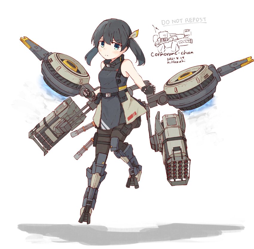 1girl ammunition_pouch bare_shoulders battle_of_titans belt black_hair black_pantyhose blue_eyes clenched_hand cormorant_(battle_of_titans) exoskeleton fingerless_gloves floating gatling_gun gloves hair_ribbon highres hozukikasumi leg_belt looking_at_viewer mecha_musume mechanical_legs mechabare minigun multishot_rocket_launcher pantyhose personification pouch ribbon rocket_launcher short_twintails thigh_pouch thrusters twintails utility_belt weapon yellow_ribbon