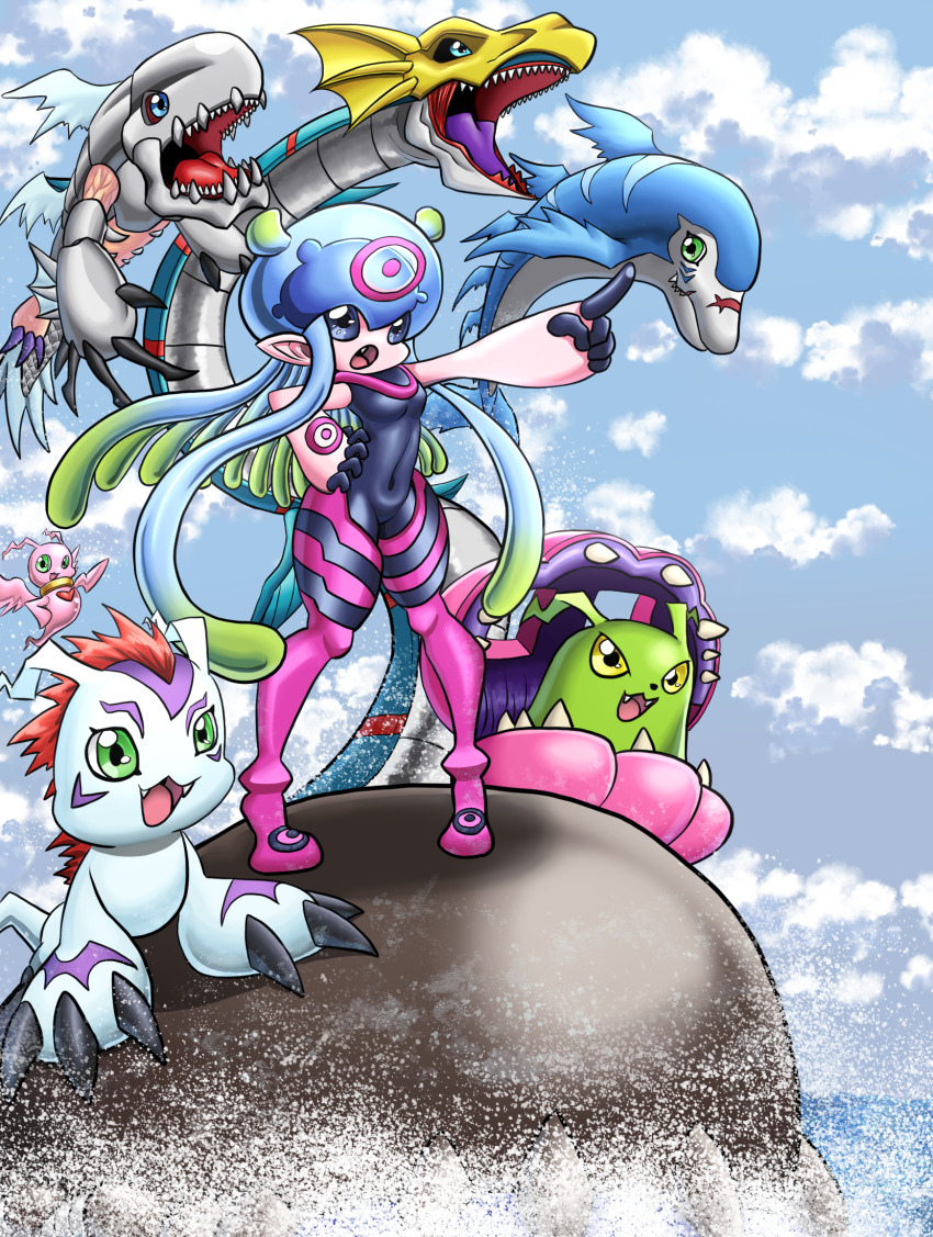 coelamon digimon digimon_(creature) gomamon highres jellyfish_girl jellymon marinangemon monster_girl pointing rukamon seadramon shakomon tentacle_hair tentacles