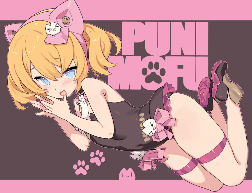 1girl animal_ear_hairband animal_ears animal_hairband bare_shoulders black_choker black_leotard black_shoes blade_(galaxist) blonde_hair blue_eyes blush cat_ears cat_hair_ornament choker commentary_request covered_navel embarrassed fake_animal_ears full_body hair_between_eyes hair_ornament hairband hand_to_own_mouth hands_up highres kittysuit leotard letterboxed looking_at_viewer medium_hair megami_device nontraditional_playboy_bunny open_mouth paw_print paw_print_soles pink_hairband pink_ribbon playboy_bunny puni_mofu_mao ribbon shoes short_twintails smile solo strapless strapless_leotard thighhighs twintails white_thighhighs