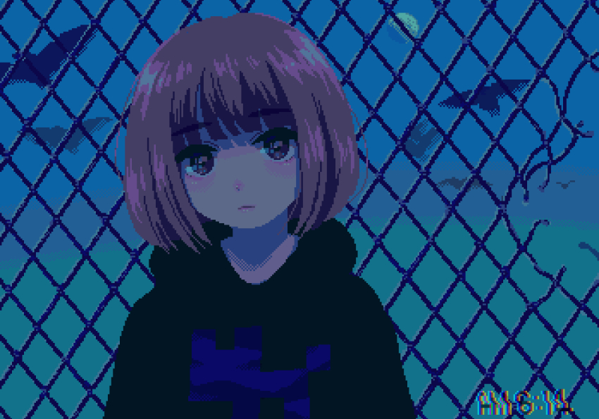 1girl :| arms_at_sides bird black_eyes black_hoodie blunt_bangs bob_cut brown_hair chain-link_fence clock closed_mouth digital_clock expressionless fence half_moon head_tilt hood hood_down hoodie long_sleeves looking_at_viewer medium_hair moon nanami_yuki_(yuki77mi) original pixel_art print_hoodie simple_bird solo straight-on upper_body warped