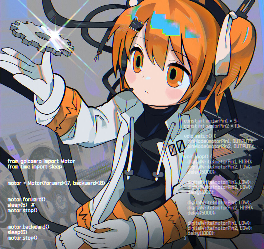 1girl a.i._voice absurdres adachi_rei arduino belt black_shirt blush broken_wires brown_skirt c++_(programming_language) cable closed_mouth code cowboy_shot english_text expressionless gears glint gloves gpio_zero grey_background hair_ornament hair_ribbon hairclip halftone hand_up headlamp headset highres jacket long_sleeves looking_at_object morizo_(morizoshop) object_floating_above_hand one_side_up open_clothes open_jacket orange_belt orange_eyes orange_hair python_(programming_language) radio_antenna ribbon shirt shirt_tucked_in short_hair skirt solo utau white_gloves white_jacket white_ribbon wire