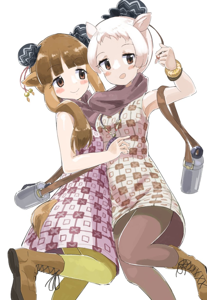 2girls absurdres alternate_costume bactrian_camel_(kemono_friends) bare_shoulders blush boots bracelet brown_eyes brown_footwear brown_hair bun_cover canteen cowboy_shot double_bun dress dromedary_(kemono_friends) hair_bun highres hug iwa_(iwafish) jewelry kemono_friends long_hair matching_outfits multiple_girls pantyhose patterned_clothing purple_legwear purple_scarf scarf short_hair sidelocks single_hair_bun sleeveless standing standing_on_one_leg white_dress white_hair yellow_legwear