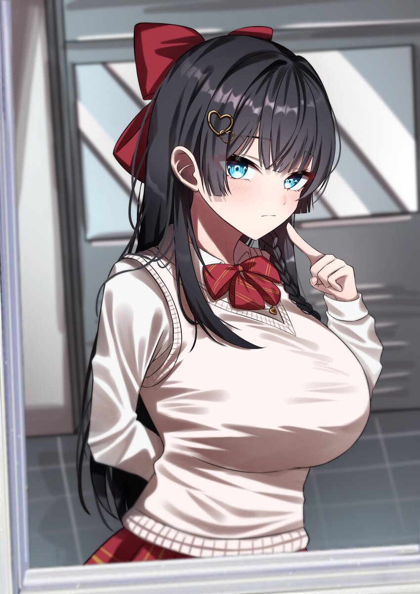 1girl absurdres arm_behind_back black_hair blue_eyes blush bow bowtie braid breasts closed_mouth collared_shirt eles01 hair_bow hair_ornament hand_up hashtag-only_commentary heart heart_hair_ornament highres index_finger_raised indoors large_breasts long_hair long_sleeves looking_at_mirror looking_at_viewer mirror plaid_clothes plaid_skirt pointing pointing_at_self red_bow red_bowtie red_skirt reflection shirayuki_hina shirt single_braid skirt solo standing stellive sweater_vest tile_floor tiles upper_body very_long_hair virtual_youtuber white_shirt