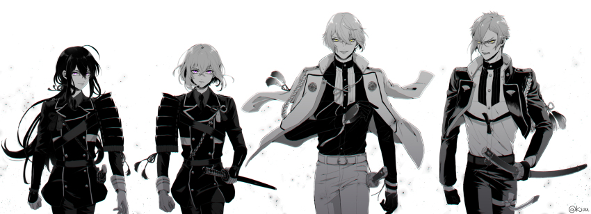 4boys ahoge aiguillette angry arm_at_side armor arms_at_sides asymmetrical_bangs belt bob_cut buttons clenched_hand clenched_teeth closed_mouth collared_shirt cropped_jacket crossed_bangs double-breasted dress_shirt dust frown furrowed_brow glowing glowing_eyes hair_between_eyes higekiri_(touken_ranbu) highres hizamaru_(touken_ranbu) holding holding_weapon honebami_toushirou jacket jacket_on_shoulders japanese_armor kjou kote lineup long_hair long_sleeves looking_at_viewer low_ponytail male_focus monochrome multiple_boys namazuo_toushirou necktie open_clothes open_jacket pants parted_lips ponytail shirt shoulder_armor sidelocks simple_background sleeve_cuffs smirk sode spot_color tassel teeth thigh_strap touken_ranbu very_long_hair walking weapon white_background