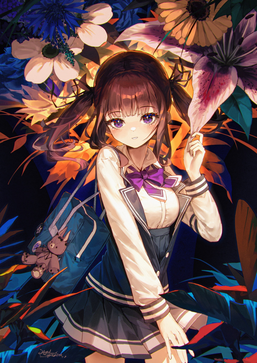 1girl absurdres ap04astral bag black_vest blue_skirt blunt_bangs blush bow bowtie brown_hair cevio collared_shirt commentary_request cowboy_shot flower hair_ribbon hand_up highres long_sleeves looking_at_viewer medium_hair natsuki_karin parted_lips pleated_skirt purple_bow purple_bowtie purple_eyes ribbon shirt skirt solo synthesizer_v twintails vest white_shirt