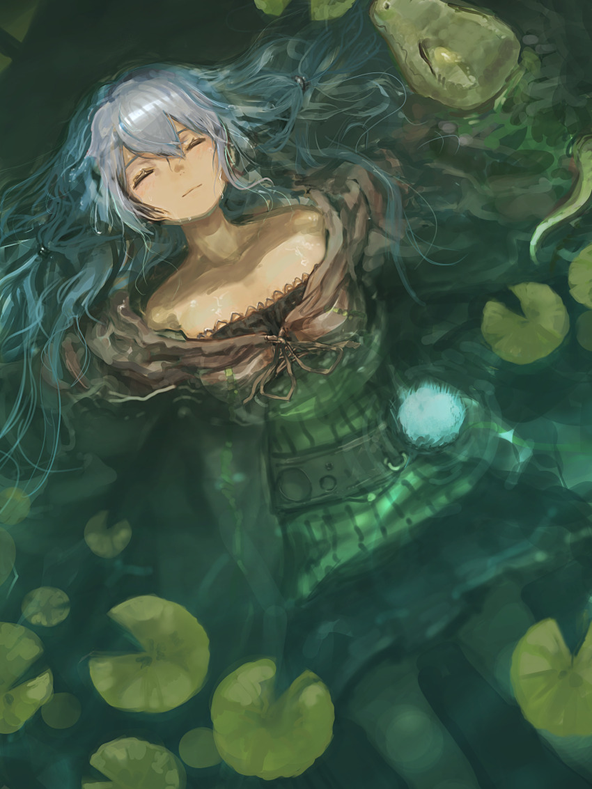 1girl belt blue_hair breasts closed_eyes duel_monster eria_(yu-gi-oh!) eria_the_water_charmer gigobyte highres in_water lily_pad long_hair lying medium_breasts on_back pom_pom_(clothes) puka_(puka_bgart) ribbed_shirt robe shirt yu-gi-oh!