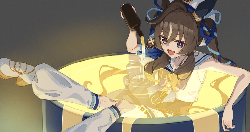 1girl :3 absurdres alcohol animal_ears black_background blue_eyes blue_ribbon bottle brown_hair champagne cropped_shirt ear_covers film_grain glowing_liquid hair_between_eyes hair_ribbon hat highres holding holding_bottle horse_ears horse_girl in_container leg_up leg_warmers long_hair looking_at_viewer open_mouth overflowing overflowing_bath pleated_skirt pouring ribbon saha3nemui sailor_collar school_uniform serafuku shirt sidelocks single_ear_cover skirt sleeveless sleeveless_shirt smile solo twintails umamusume very_long_hair vivlos_(umamusume) white_footwear white_skirt