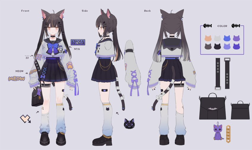 1girl ahoge animal_charm animal_ear_piercing animal_ears arms_at_sides arrow_hair_ornament asymmetrical_legwear bag bag_charm bandaged_tail bandaid_on_thigh bell belt belt_collar black_bag black_bow black_collar black_footwear black_garter_straps black_nails black_sailor_collar black_skirt blue_belt blue_bow blue_leg_warmers blunt_bangs blush bow brown_eyes brown_hair buttons cat_ears cat_girl cat_hair_ornament cat_symbol cat_tail chain reference_sheet charm_(object) closed_mouth clothing_cutout collar color_guide commentary_request cropped_jacket cross-laced_clothes cross-laced_skirt cross-laced_sleeves english_text fang fingernails fish_skeleton from_behind from_side full_body garter_straps gold_chain gradient_bow gradient_legwear grey_background grey_jacket grey_leg_warmers hair_bow hair_ornament hairclip handbag heart heart_tattoo highres holding holding_bag jacket jingle_bell leg_tattoo leg_warmers lightning_bolt_symbol long_hair long_sleeves looking_at_viewer miniskirt miu_akumiya multicolored_hair multiple_views nail_polish neck_bell notched_ear official_art patch paw_print piercing pleated_skirt profile puffy_long_sleeves puffy_sleeves purple_bow purple_ribbon ribbon romaji_commentary safety_pin sailor_collar second-party_source shoes sidelocks simple_background single_garter_strap skin_fang skirt sleeve_bow sleeves_past_wrists specialite_(company) specialite_en standing star_(symbol) straight-on streaked_hair studded_footwear stuffed_animal stuffed_cat stuffed_toy tail tail_ornament tail_piercing tail_through_clothes tattoo thick_eyelashes thigh_strap twintails two-tone_hair uneven_legwear virtual_youtuber x_hair_ornament yukisame