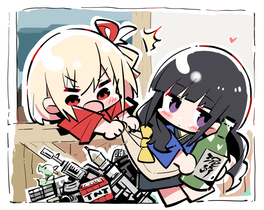2girls assault_rifle black_hair blonde_hair blue_kimono bottle clothes_grab commentary explosive gun hair_ribbon heart highres holding holding_bottle inoue_takina japanese_clothes kimono long_hair lycoris_recoil minecart multiple_girls nishikigi_chisato one_side_up peashooter_(plants_vs._zombies) plants_vs._zombies purple_eyes red_kimono red_ribbon ribbon rifle rocket_launcher rpg_(weapon) short_hair symbol-only_commentary tnt tnt_block_(minecraft) weapon zhanzhangzlw