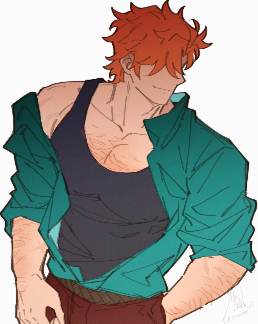 1boy absurdres arm_hair belt black_tank_top brown_belt chest_hair closed_mouth collarbone collared_shirt commentary covered_eyes cowboy_shot curtained_hair english_commentary fire_emblem fire_emblem:_three_houses green_shirt hand_in_pocket highres male_focus nintendo off_shoulder pants popped_collar red_hair red_pants satodee shirt short_hair signature simple_background sleeves_rolled_up smile solo sylvain_jose_gautier tank_top white_background