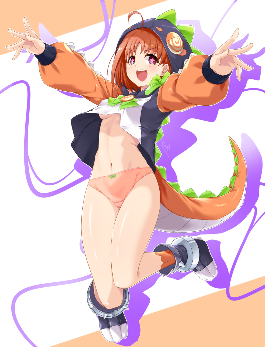 1girl ahoge black_hood bow bow_panties bowtie breasts bunji chika_(genjitsu_no_yohane) diamond-shaped_pupils diamond_(shape) dinosaur_costume dinosaur_hood dinosaur_tail evil_smile genjitsu_no_yohane green_bow highres long_sleeves love_live! love_live!_sunshine!! medium_breasts medium_hair multicolored_background navel nightwicked_(genjitsu_no_yohane) nightwicked_chika no_bra no_pants open_mouth orange_hair orange_panties orange_sleeves orange_socks orange_tail outstretched_arms panties red_eyes signature smile socks solo symbol-shaped_pupils tail takami_chika underboob underwear