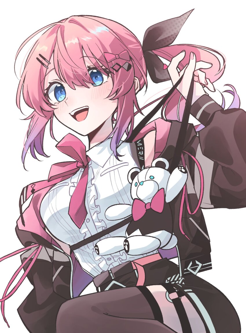 1girl black_shorts black_thighhighs blue_eyes blush breasts center_frills collared_shirt colored_tips commentary dress_shirt frills hair_between_eyes hair_ornament hairclip hashtag-only_commentary highres jacket kashikaze kuramochi_meruto kuramochi_meruto_(1st_costume) medium_breasts multicolored_hair neck_ribbon nijisanji open_clothes open_jacket open_mouth pink_hair pink_ribbon purple_hair rene_(kuramochi_meruto) ribbon shirt shorts side_ponytail simple_background sleeveless sleeveless_shirt solo teeth thigh_strap thighhighs upper_teeth_only virtual_youtuber white_background white_shirt