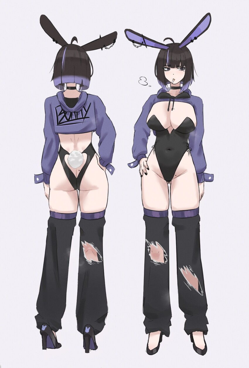 1girl ahoge animal_ears ass black_choker black_eyes black_hair black_leotard black_shoes black_thighhighs blando breasts butt_crack choker colored_tips covered_navel cropped_hoodie english_text eyebrows_hidden_by_hair fake_animal_ears fake_tail from_behind full_body gluteal_fold grey_background hand_on_own_hip high_heels highres hood hoodie large_breasts leotard looking_to_the_side mole mole_on_ass mole_on_groin multicolored_hair multiple_views original purple_hoodie rabbit_ears rabbit_tail shoes simple_background smoking stiletto_heels tail thighhighs torn_clothes torn_thighhighs
