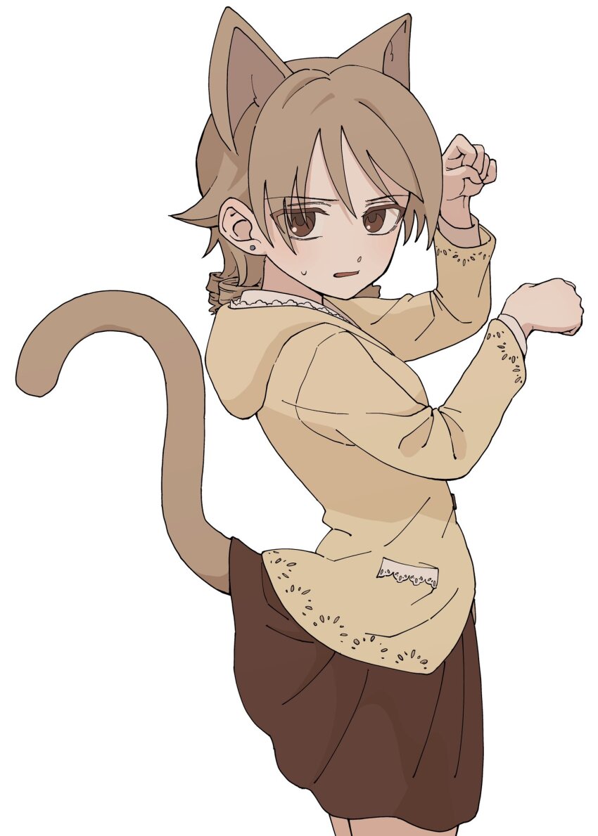 1girl animal_ears blush brown_eyes brown_hair cat_ears cat_girl cat_tail ch1ba12m highres hood hoodie idolmaster idolmaster_cinderella_girls looking_at_viewer morikubo_nono paw_pose ringlets short_hair simple_background skirt solo sweatdrop tail white_background
