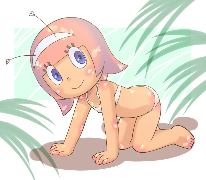 1girl all_fours antennae athena_(robby_to_kerobby) barefoot bikini blue_eyes blush flat_chest hairband highres loli looking_at_viewer palm_leaf pink_hair robby_to_kerobby short_hair smile swimsuit white_background white_bikini yamanokonza