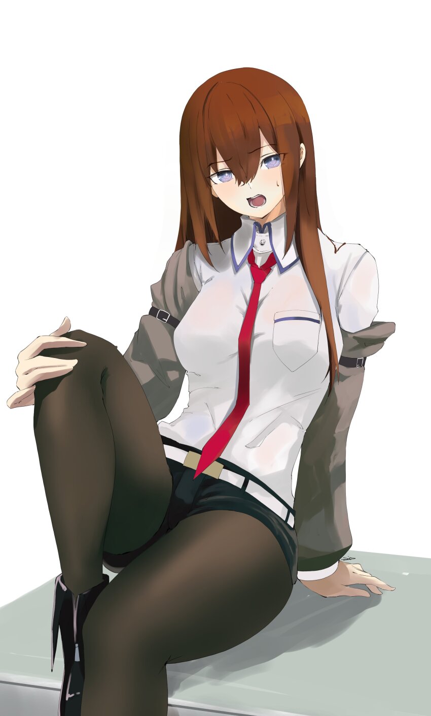1girl absurdres belt blue_eyes boots breasts brown_hair brown_pantyhose dress_shirt hair_between_eyes highres jacket long_hair looking_at_viewer makise_kurisu necktie open_mouth pantyhose red_necktie s4ika shirt shorts sitting small_breasts solo steins;gate white_background