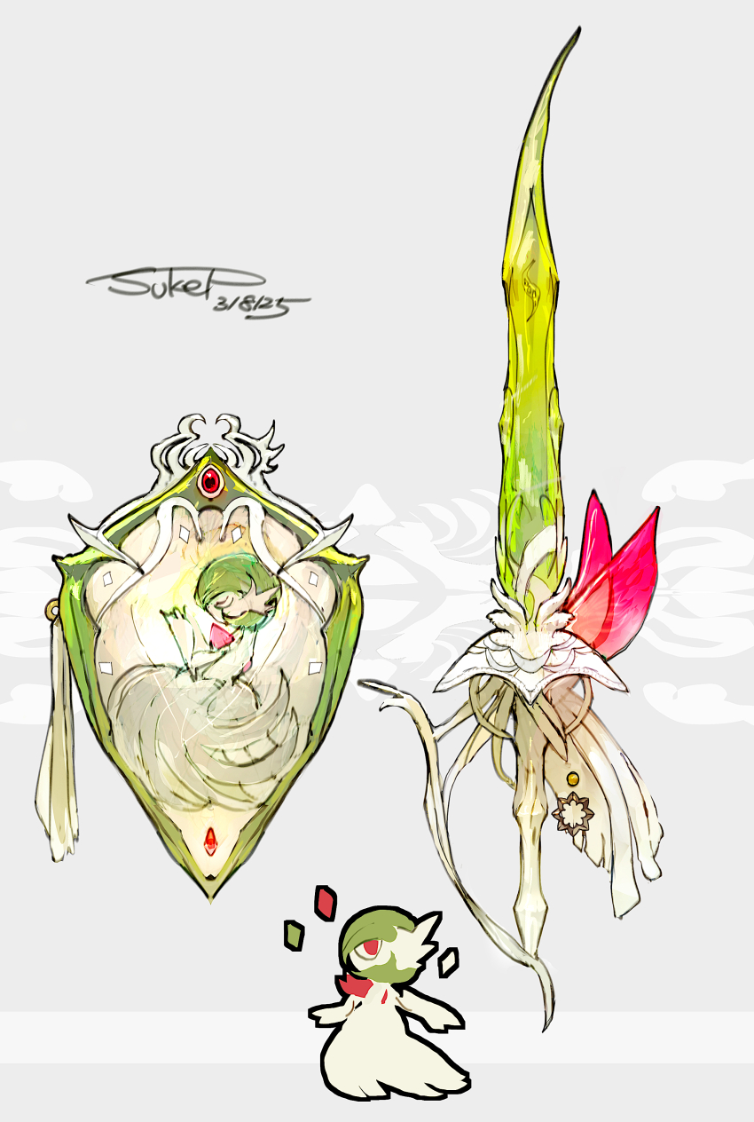 1girl absurdres artist_name character_print chibi chibi_inset creatures_(company) dated game_freak gardevoir gem gen_3_pokemon green_sword grey_background highres mega_evolution_symbol mega_gardevoir mega_pokemon nintendo objectification ornate_weapon pokemon pokemon_(creature) red_gemstone shield signature solo still_life sukepmonster sword tassel weapon weapon_focus
