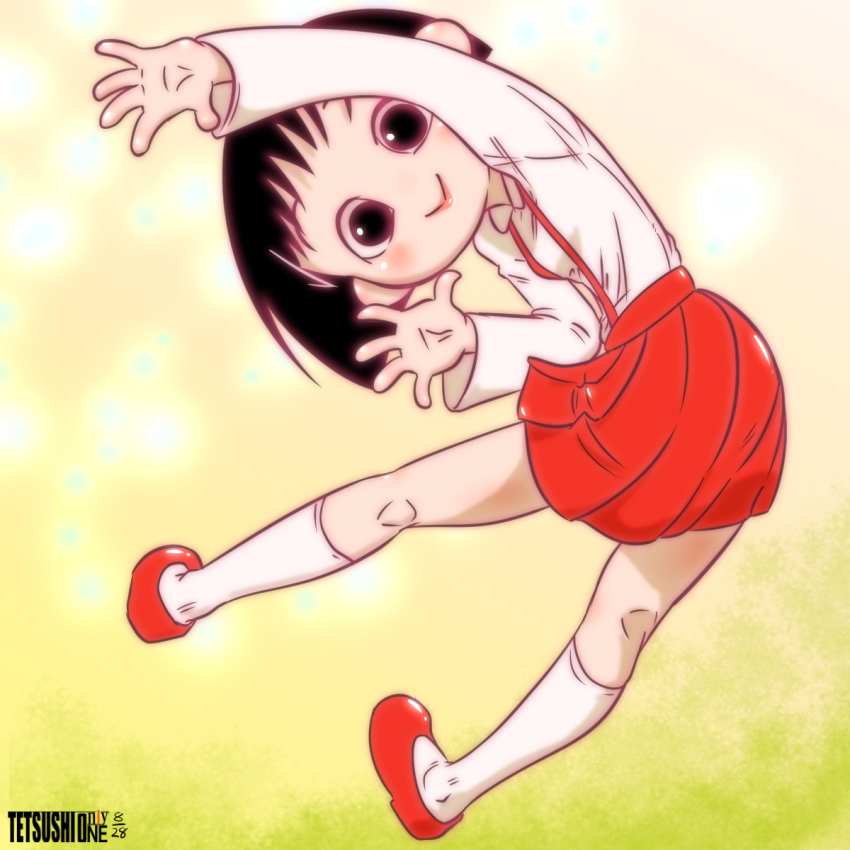 1girl black_hair chibi_maruko-chan female_focus highres looking_back pleated_skirt red_footwear sakura_momoko skirt smile solo suspender_skirt suspenders twisted_torso waving