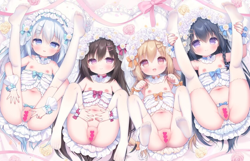 4girls :d bare_arms bare_shoulders black_hair blonde_hair blue_bow blue_eyes blue_hair blush bow bow_panties braid breasts bride brown_hair censored choker clenched_hands closed_mouth clothes_lift clothes_pull collar commentary_request crotchless crotchless_panties detached_collar dot_nose dress dress_bow dress_lift dress_pull flat_chest flower frilled_panties frills from_above hair_between_eyes hair_flower hair_ornament hands_up headdress heart heart_censor highres jewelry knees_to_chest legs_up loli long_hair looking_at_viewer lying multicolored_eyes multiple_girls nipples no_pupils on_back on_bed open_mouth orange_bow orange_eyes original panties parted_lips pink_eyes pink_flower pink_rose purple_eyes raised_eyebrows red_bow ring rose short_dress sidelocks smile straight_hair thighhighs two-tone_eyes underwear upskirt usashiro_mani very_long_hair wedding_dress white_collar white_dress white_hair white_panties white_thighhighs white_wrist_cuffs wrist_cuffs yellow_flower yellow_rose