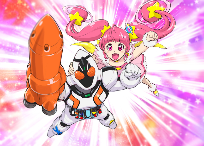 1boy 1girl :d ahoge blunt_bangs blush bodysuit choker clenched_hand commentary_request company_connection crossover cure_star dress earrings floating_hair flying hair_ornament hoshina_hikaru jewelry kamen_rider kamen_rider_fourze kamen_rider_fourze_(series) long_hair magical_girl motion_lines open_mouth pink_eyes pink_hair planet_hair_ornament precure rocket smile sparkle speed_lines star_(symbol) star_choker star_hair_ornament star_twinkle_precure toei_animation trait_connection twintails ueyama_michirou very_long_hair wrist_cuffs