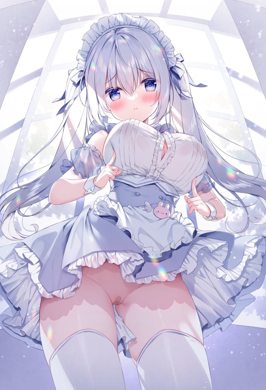 1girl apron armband backlighting bandaid bandaid_on_pussy blue_eyes blue_skirt blush breasts button_gap center_frills closed_mouth cowboy_shot embarrassed frilled_armband frilled_shirt frills from_below grey_armband grey_hair grey_ribbon hair_between_eyes hair_ribbon hashtag-only_commentary high-waist_skirt highres hisagi_(puchimaple) large_breasts lens_flare long_hair looking_at_viewer looking_down maid maid_headdress miniskirt no_bra no_panties original petticoat poking poking_own_breast raised_inner_eyebrows ribbon shirt skirt sleeveless sleeveless_shirt solo standing thighhighs twintails upskirt waist_apron white_apron white_shirt white_thighhighs white_wrist_cuffs wrist_cuffs