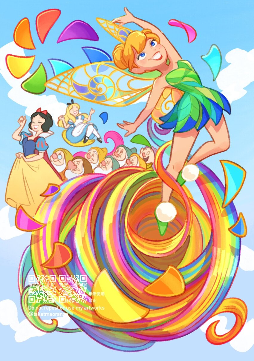 3girls 6+boys alice_(disney) alice_in_wonderland_(disney) apron bare_shoulders bashful_(disney) blonde_hair blue_dress blue_eyes doc_(disney) dopey_(disney) dress dwarf fairy fairy_wings green_dress grumpy_(disney) hair_bun happy_(disney) highres long_hair looking_at_viewer multiple_boys multiple_girls pointy_ears short_hair single_hair_bun sleepy_(disney) smile sneezy_(disney) snow_white_(disney) snow_white_and_the_seven_dwarfs_(disney) strapless strapless_dress takatmaorange tinker_bell_(disney) walt_disney&#039;s_peter_pan white_apron wings