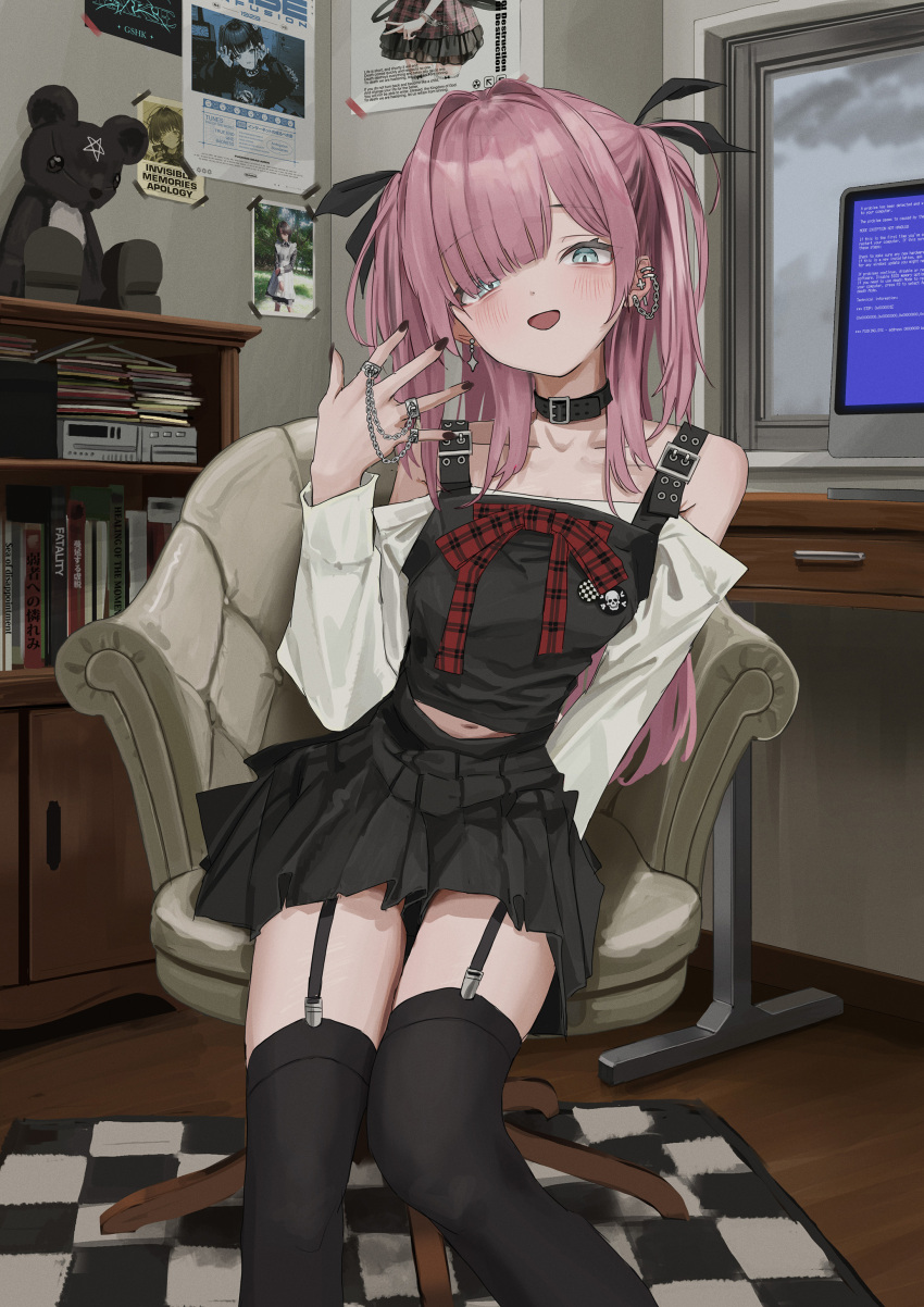 1girl :d absurdres armchair bare_shoulders belt belt_buckle belt_collar black_belt black_collar black_garter_straps black_nails black_skirt black_thighhighs blue_screen_of_death blush buckle chain chair collar collarbone drawer ear_piercing garter_straps gishiki_(gshk) grey_eyes hair_intakes hair_over_one_eye hand_up highres indoors jewelry long_sleeves looking_at_viewer medium_hair midriff_peek miniskirt monitor multiple_piercings multiple_rings navel off-shoulder_shirt off_shoulder open_mouth original pentagram piercing pink_hair poster_(object) red_ribbon ribbon ring rug shelf shirt sitting skirt skull_and_crossbones smile solo stuffed_toy swept_bangs thighhighs white_shirt wooden_floor