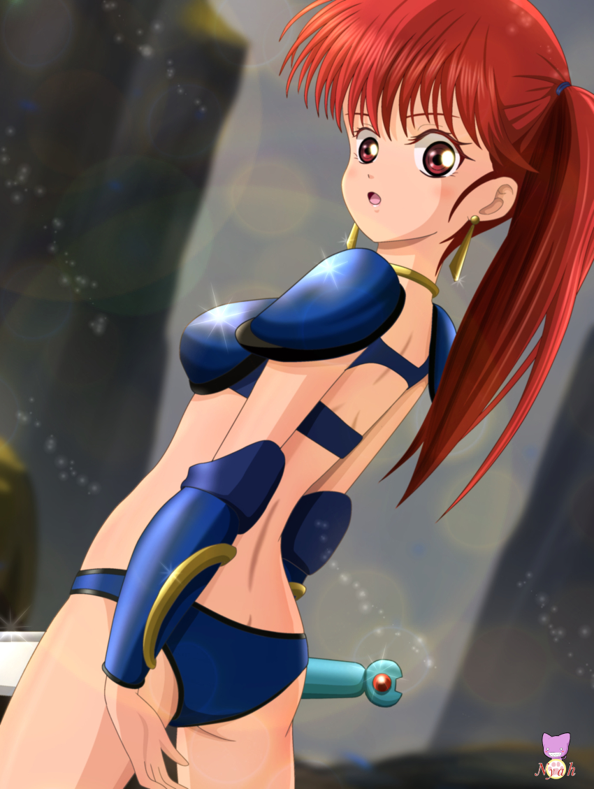 1girl absurdres armor asagiri_youko ass bikini bikini_armor blue_bikini breasts brown_eyes brown_hair choker earrings from_behind genmu_senki_leda highres jewelry long_hair looking_back nyahoekaki1 open_mouth shoulder_armor side_ponytail solo swimsuit sword thighs vambraces weapon