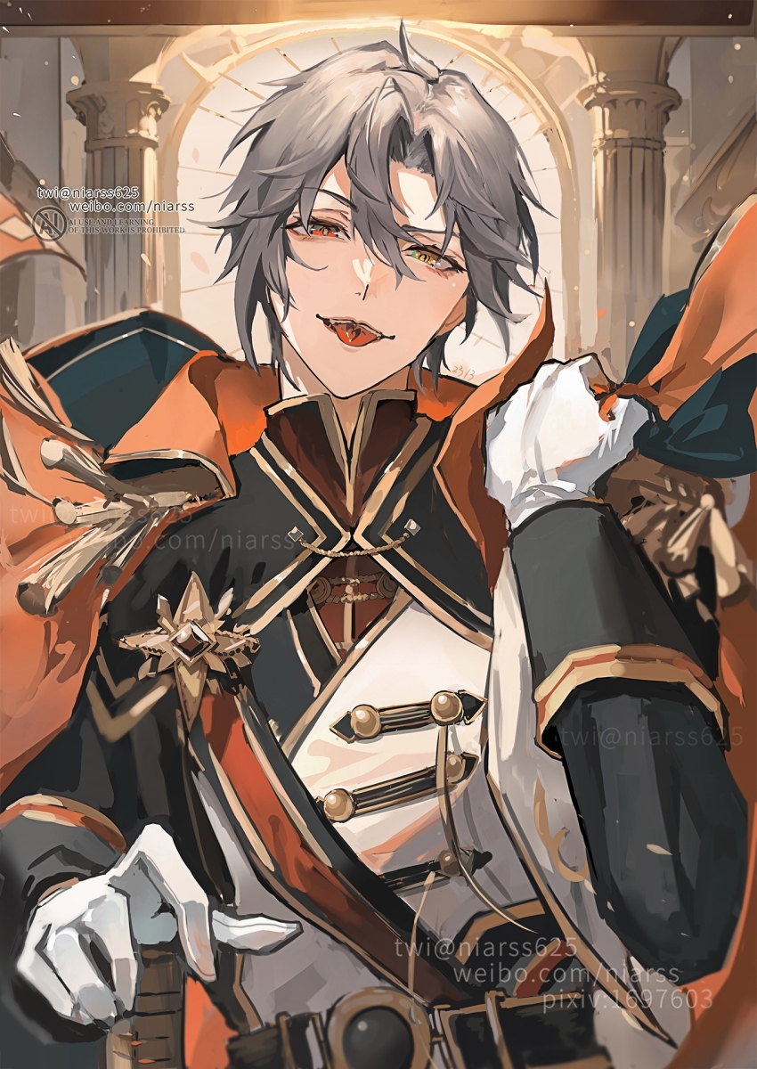 1boy english_text gloves grey_hair hair_between_eyes heterochromia highres looking_at_viewer mahoutsukai_no_yakusoku male_focus niarss open_mouth owen_(mahoutsukai_no_yakusoku) pixiv_id school_uniform short_hair smile teeth tongue tongue_out twitter_username upper_teeth_only watermark weibo_watermark white_gloves