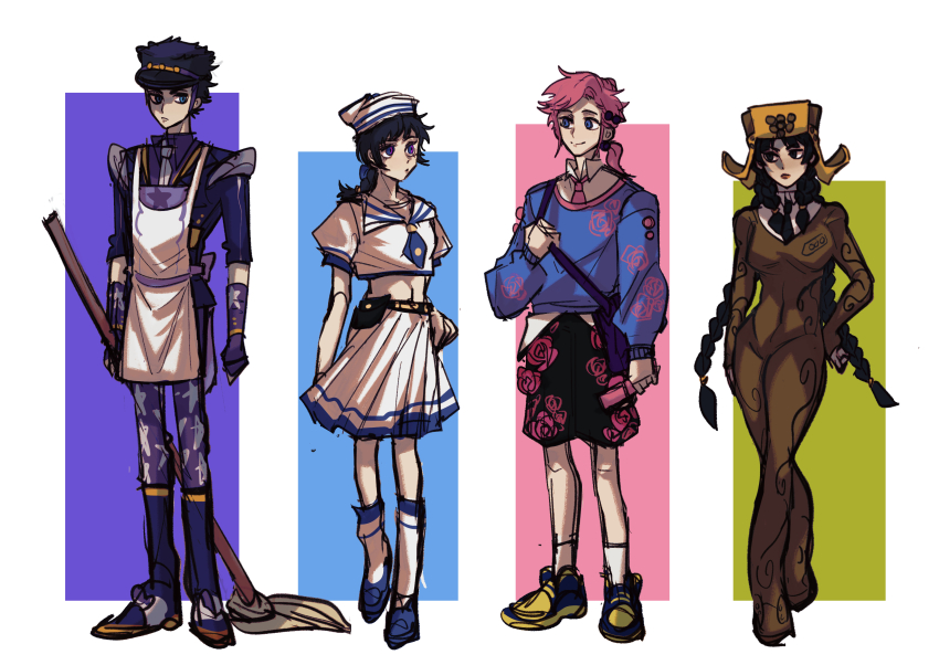 2boys 2girls absurdres black_hair bomber_hat braid crossdressing crossdressing_(mtf) dixie_cup_hat floral_print genderswap genderswap_(ftm) genderswap_(mtf) hat heterochromia higashikata_josuke_(jojolion) highres hirose_yasuho jojo_no_kimyou_na_bouken jojolion maid male_maid mamezuku_rai military_hat multiple_boys multiple_girls nijimura_kei pink_hair ponytail rose_print sailor_collar simple_background star_(symbol) swampland