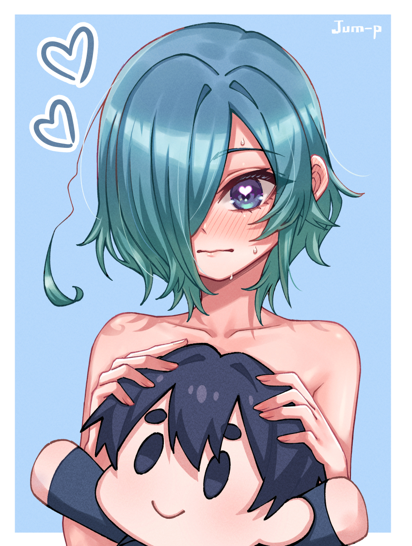 1girl absurdres aijou_rentarou aqua_hair artist_name blue_eyes blue_hair blush character_doll collarbone commentary doll english_commentary gradient_hair grey_background hair_over_one_eye heart heart_in_eye highres jjum_pp kimi_no_koto_ga_dai_dai_dai_dai_daisuki_na_100-nin_no_kanojo long_bangs looking_at_viewer multicolored_hair nakaji_uto nude one_eye_covered short_hair simple_background solo stuffed_toy symbol_in_eye upper_body