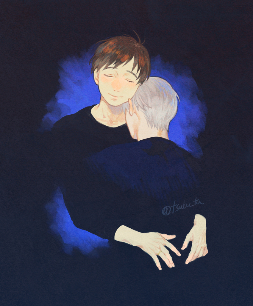 2boys arms_around_waist black_background black_shirt blue_background blue_shirt brown_hair closed_eyes closed_mouth collarbone couple double_exposure eyelashes facing_away fingernails from_behind gold_ring gradient_background grey_hair happy head_on_another&#039;s_shoulder heads_together highres hug husband_and_husband jewelry katsuki_yuuri light_blush long_sleeves male_focus multiple_boys mutual_hug nape negative_space r_inami ring shirt simple_background smile swept_bangs twitter_username viktor_nikiforov wedding_ring wispy_bangs yaoi yuri!!!_on_ice