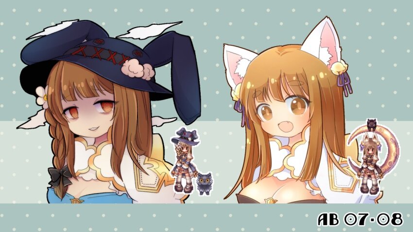 2girls @_@ animal_ears arch_bishop_(ragnarok_online) bags_under_eyes bell black_hat blue_background blue_dress breasts brown_dress brown_eyes brown_hair cleavage cleavage_cutout clothing_cutout commentary_request cross dress fang fox_ears fox_girl frilled_dress frills hair_bell hair_ornament hair_ribbon hat jingle_bell large_breasts long_hair looking_at_viewer medium_breasts multiple_girls official_alternate_costume open_mouth pochiko_(poteko) polka_dot polka_dot_background purple_ribbon ragnarok_online reference_inset ribbon smile two-tone_dress upper_body white_dress