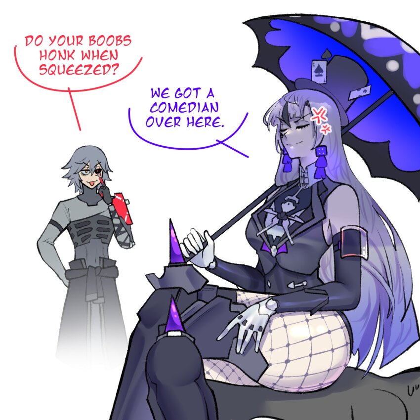 1boy 1girl ace_(playing_card) ace_of_spades anger_vein black_headwear black_jacket black_sclera blue_umbrella bodysuit card colored_sclera cube_earrings cycielops cylinder english_text fishnet_pantyhose fishnets grey_bodysuit grey_hair hair_between_eyes highres holding holding_umbrella human_furniture jacket joints lilith:_daemonissa_(pgr) lilith_(pgr) long_hair mechabare mechanical_arms mechanical_legs mismatched_sclera pantyhose parasol playing_card punishing:_gray_raven purple_hair robot_joints roland:_flambeau_(pgr) roland_(pgr) roland_(punishing:_gray_raven) sitting sitting_on_person sleeveless sleeveless_jacket spade_(shape) speech_bubble tongue tongue_out umbrella very_long_hair white_background