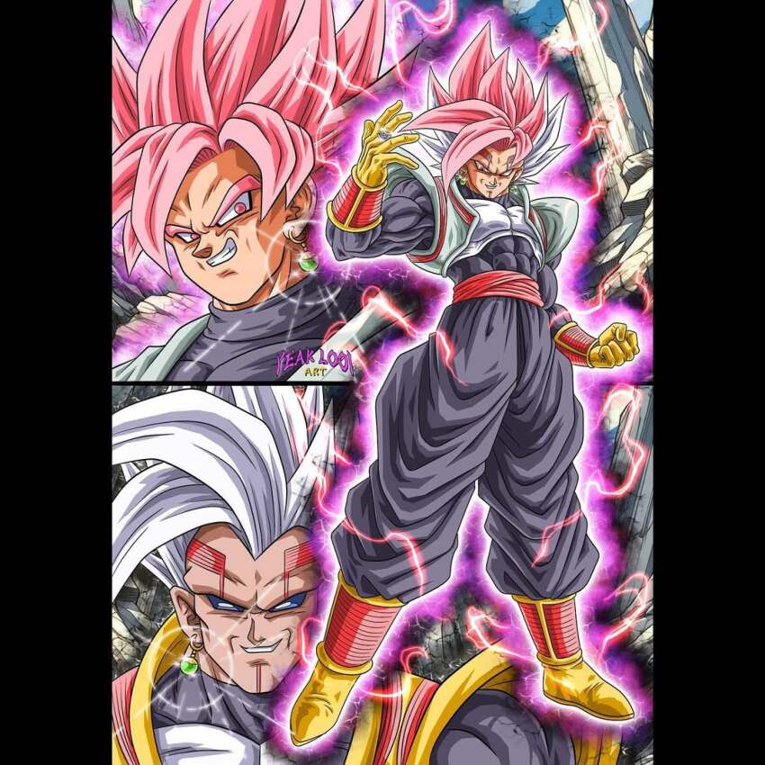 abs armor aura baby_vegeta belt blue_eyes blue_sclera bodysuit boots colored_sclera cosplay dragon_ball dragon_ball_gt dragon_ball_super earrings energy evil_smile fusion gloves goku_black goku_black_(cosplay) hair_between_eyes jewelry long_sleeves male_focus multicolored_hair muscular muscular_male parasite pectorals pink_eyes pink_hair possessed potara_earrings purple_aura red_belt shoulder_armor sidelocks smile super_saiyan two-tone_hair white_hair yeak_looi_art yellow_boots yellow_gloves