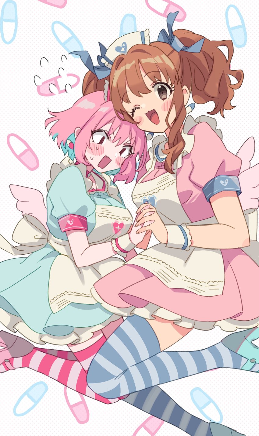 2girls absurdres angel_wings apron armband blue_dress blue_footwear blush_stickers breasts brown_hair commentary cosplay dress earrings fake_wings fang frilled_apron frills from_side hair_ribbon hat heart heart_print high_heels highres holding_hands idolmaster idolmaster_cinderella_girls idolmaster_cinderella_girls_starlight_stage jewelry large_breasts looking_at_viewer looking_down moroboshi_kirari multicolored_hair multiple_girls nurse_cap official_alternate_costume one_eye_closed open_mouth petticoat pill_background pill_earrings pink_dress pink_shoes polka_dot polka_dot_background puffy_short_sleeves puffy_sleeves ribbon shoes short_sleeves skin_fang sparkle_print sukoyaka_(100hituzi) thighhighs two-tone_hair v-shaped_eyebrows white_apron wide-eyed wings wrist_cuffs yumemi_riamu yumemi_riamu_(cosplay)