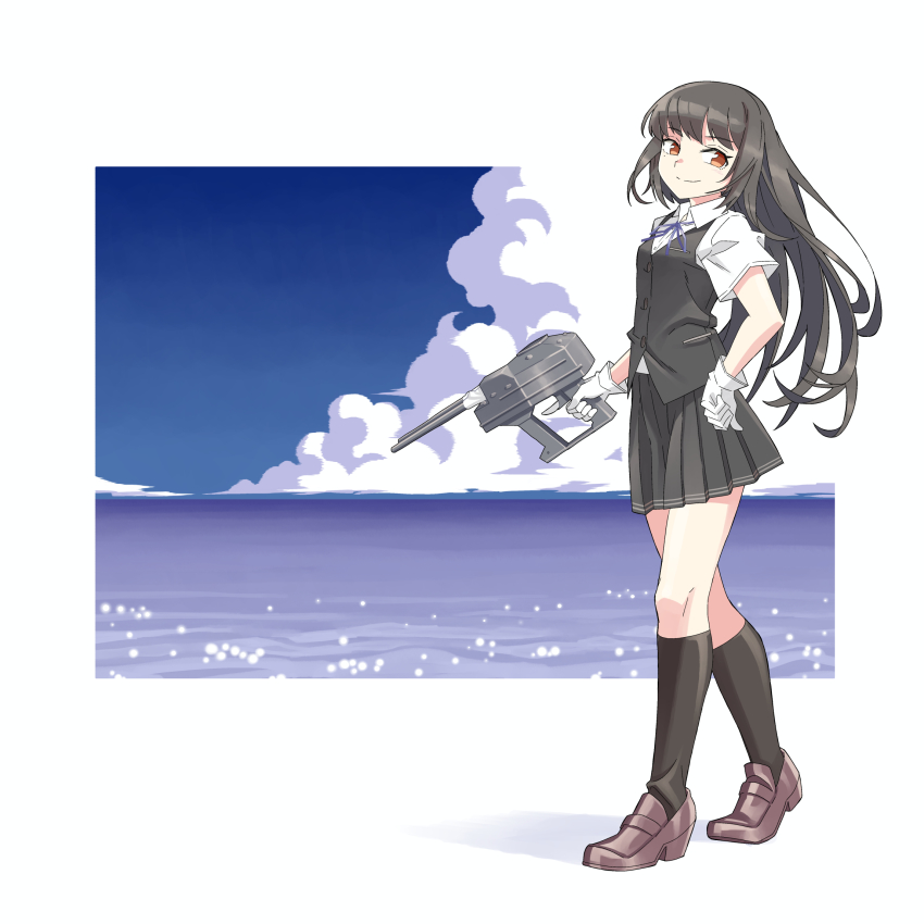 1girl black_hair black_skirt black_socks black_vest blue_ribbon blue_sky cloud collared_shirt dress_shirt full_body gloves hand_on_own_hip hayashio_(kancolle) highres horizon kantai_collection kazh_(kazu) loafers long_hair looking_at_viewer mole mole_under_eye ocean pleated_skirt red_eyes ribbon school_uniform shirt shoes skirt sky socks solo vest white_gloves white_shirt