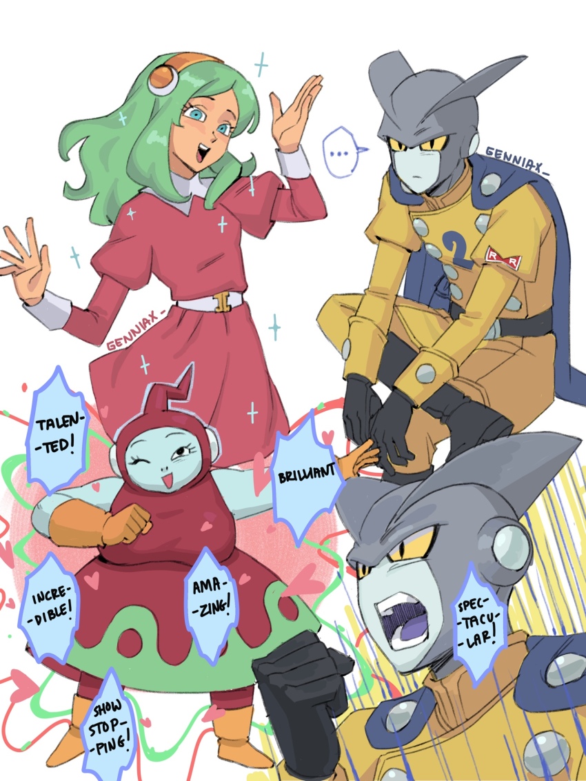 ... 1boy 1girl android bald belt black_belt black_boots black_eyes black_gloves blue_cape blue_eyes blue_skin bluesky_username boots breasts brianne_de_chateau buttons cape clenched_hand colored_sclera colored_skin colored_tongue commentary crossed_legs double-breasted dragon_ball dragon_ball_super dragon_ball_super_super_hero dress english_commentary english_text gaijin_4koma_(meme) gamma_2 genniax gloves green_hair grey_skin hairband henshin highres jacket large_breasts long_sleeves meme no_nose open_mouth orange_boots orange_gloves orange_hairband pants pink_dress puffy_sleeves purple_mouth purple_tongue red_ribbon_army signature sleeveless sleeveless_dress slit_pupils small_breasts sparkle speech_bubble superhero_costume twitter_username white_background white_belt white_wrist_cuffs wrist_cuffs yellow_jacket yellow_pants yellow_sclera