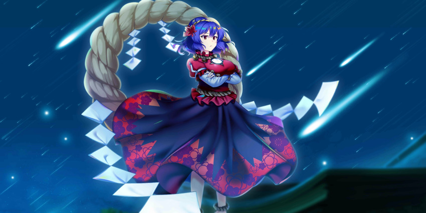 1girl arms_under_breasts breasts closed_mouth commentary crossed_arms english_commentary game_cg hair_ornament highres large_breasts layered_sleeves leaf leaf_hair_ornament long_sleeves maple_leaf medium_hair mirror multicolored_skirt night night_sky official_art outdoors print_skirt purple_hair red_eyes rope rotte_(1109) shide shimenawa shooting_star short_over_long_sleeves short_sleeves skirt sky solo third-party_source touhou touhou_lostword yasaka_kanako