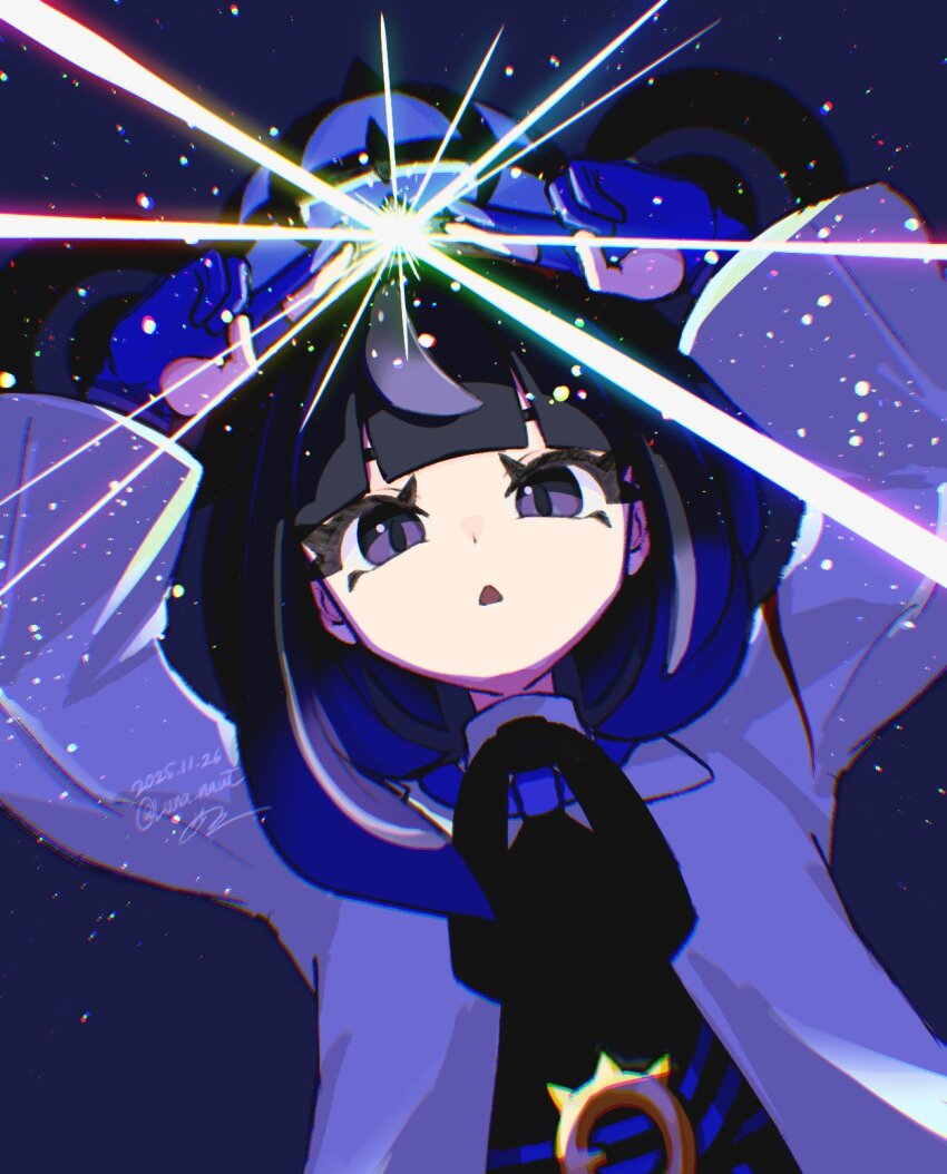 1girl :o belt belt_buckle black_belt black_dress black_hair blue_belt blue_gloves blunt_bangs bob_cut buckle coat commentary_request dated dress eyelashes gloves glowing gradient_hair gwynn_(pokemon) highres long_sleeves looking_at_viewer multicolored_hair nintendo o-ring o-ring_belt open_clothes open_coat open_mouth partially_fingerless_gloves pokemon pokemon_legends:_z-a purple_background purple_eyes purple_hair runa_(luna_naut) short_hair signature solo twitter_username two-tone_belt upper_body white_coat