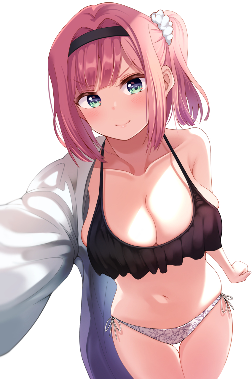 1girl absurdres bikini black_hairband breasts cleavage cloud commentary_request cowboy_shot green_eyes hair_intakes hairband highres large_breasts mismatched_bikini mochizuki_momiji new_game! one_side_up pink_hair selfie sh1m4o side-tie_bikini_bottom simple_background smug solo swimsuit thigh_gap white_background