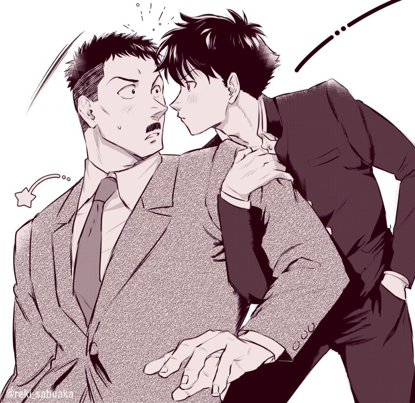 2boys absurdres brown_theme cowboy_shot face-to-face facial_hair formal_clothes from_side highres kuroba_kaito light_blush magic_kaito male_focus mature_male multiple_boys mustache nakamori_ginzo pants profile reki_uraaka short_hair suit thick_eyebrows thick_mustache yaoi