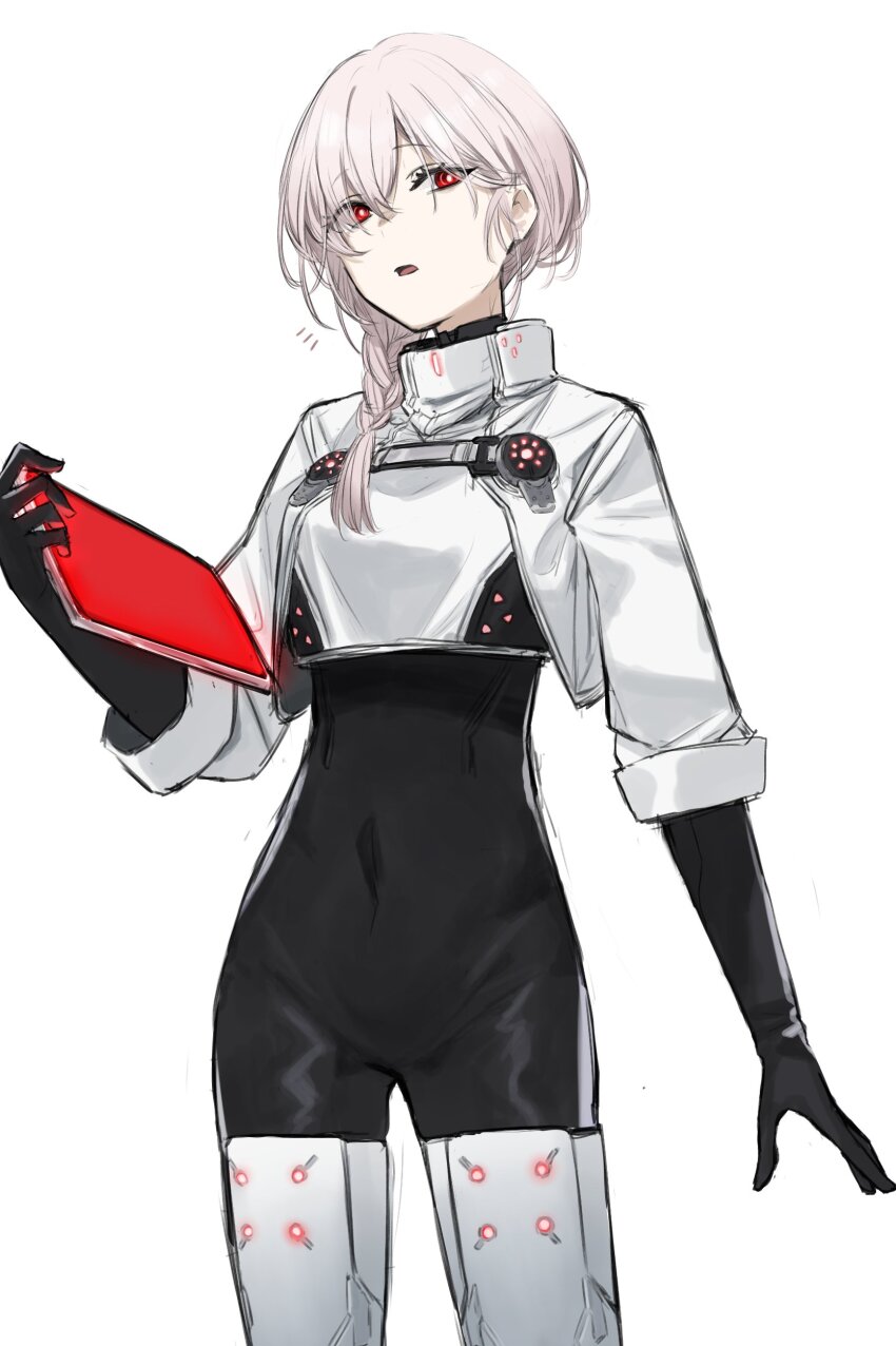 1girl absurdres armored_core armored_core_vi:_fires_of_rubicon ayre_(armored_core_vi) black_bodysuit black_gloves bodysuit boots braid braided_ponytail breasts commentary_request covered_navel cowboy_shot crop_top elbow_gloves ganesagi gloves hair_between_eyes highres holding holding_tablet_pc long_hair long_sleeves looking_to_the_side medium_breasts open_mouth pink_hair red_eyes simple_background sleeves_rolled_up solo tablet_pc thigh_boots white_background