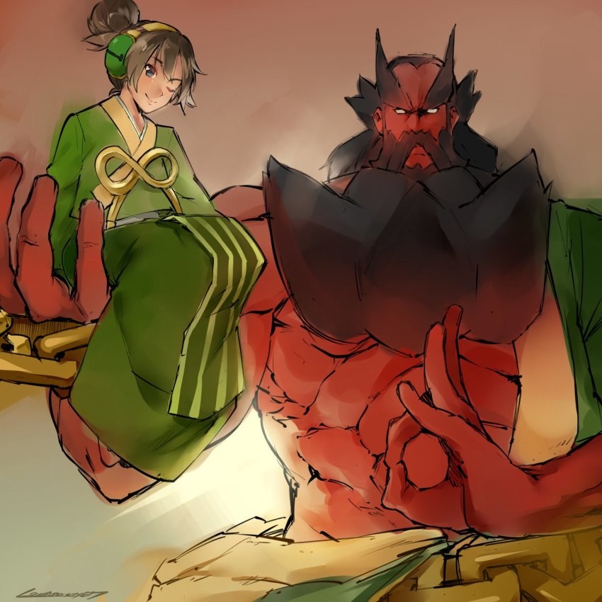 1boy 1girl ;) alternate_color beard black_hair blue_eyes colored_skin facial_hair flat_chest guilty_gear guilty_gear_xrd headphones height_difference highres kenshin187 korean_clothes kum_haehyun kum_jonryoku muscular one_eye_closed red_skin robot topless_male sitting_on_hand smile thick_eyebrows